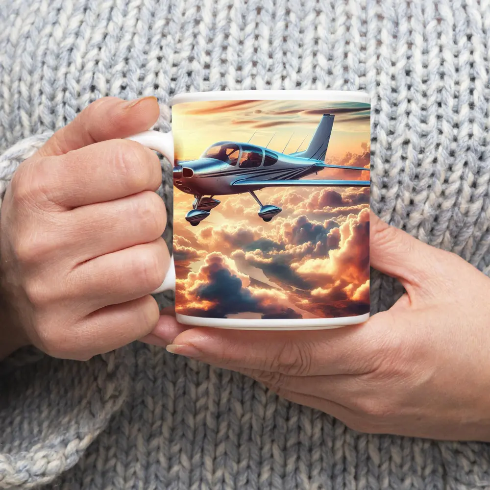 Small Propeller Plane Flying Above Sunset Clouds – Mugs