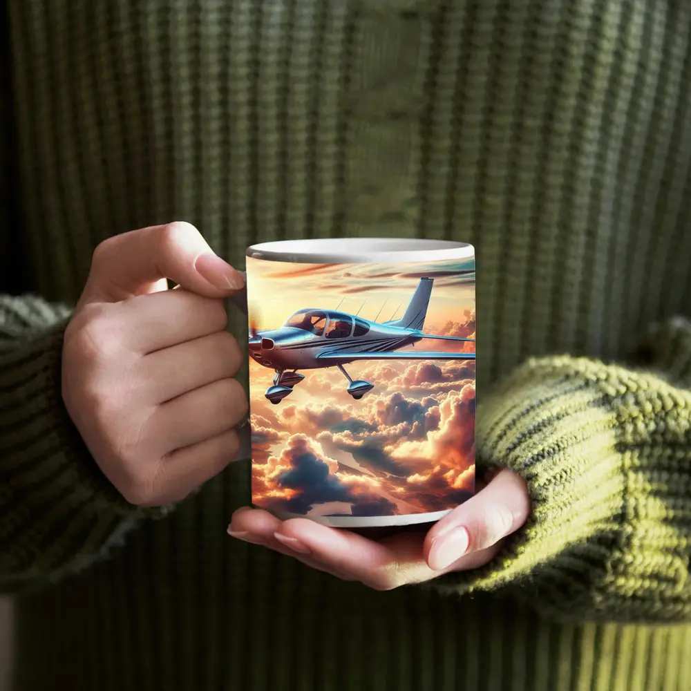 Small Propeller Plane Flying Above Sunset Clouds – Mugs