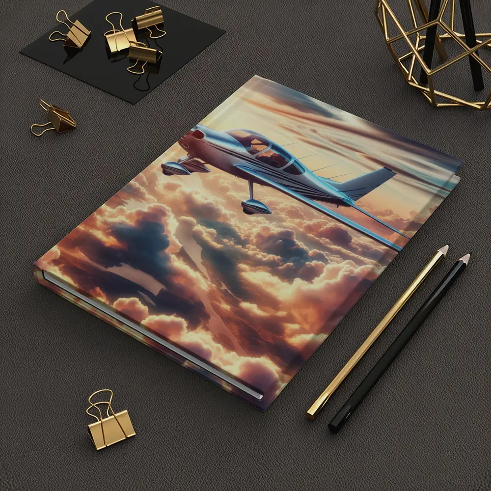 Small Propeller Plane Flying Above Sunset Clouds – Notebooks