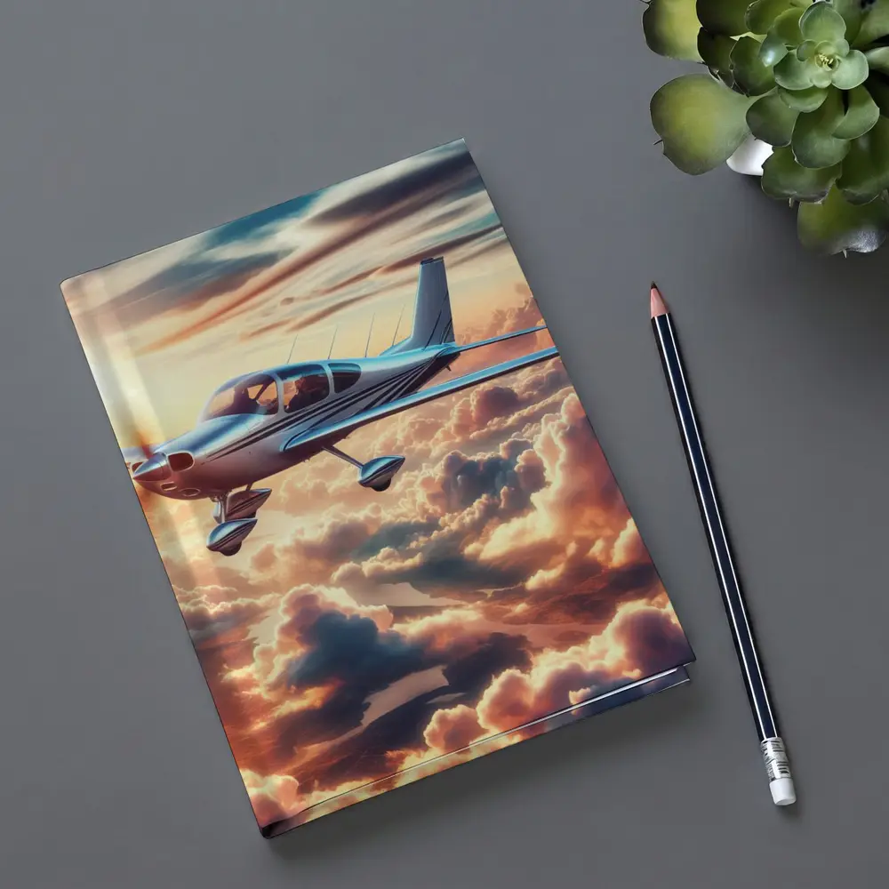 Small Propeller Plane Flying Above Sunset Clouds – Notebooks