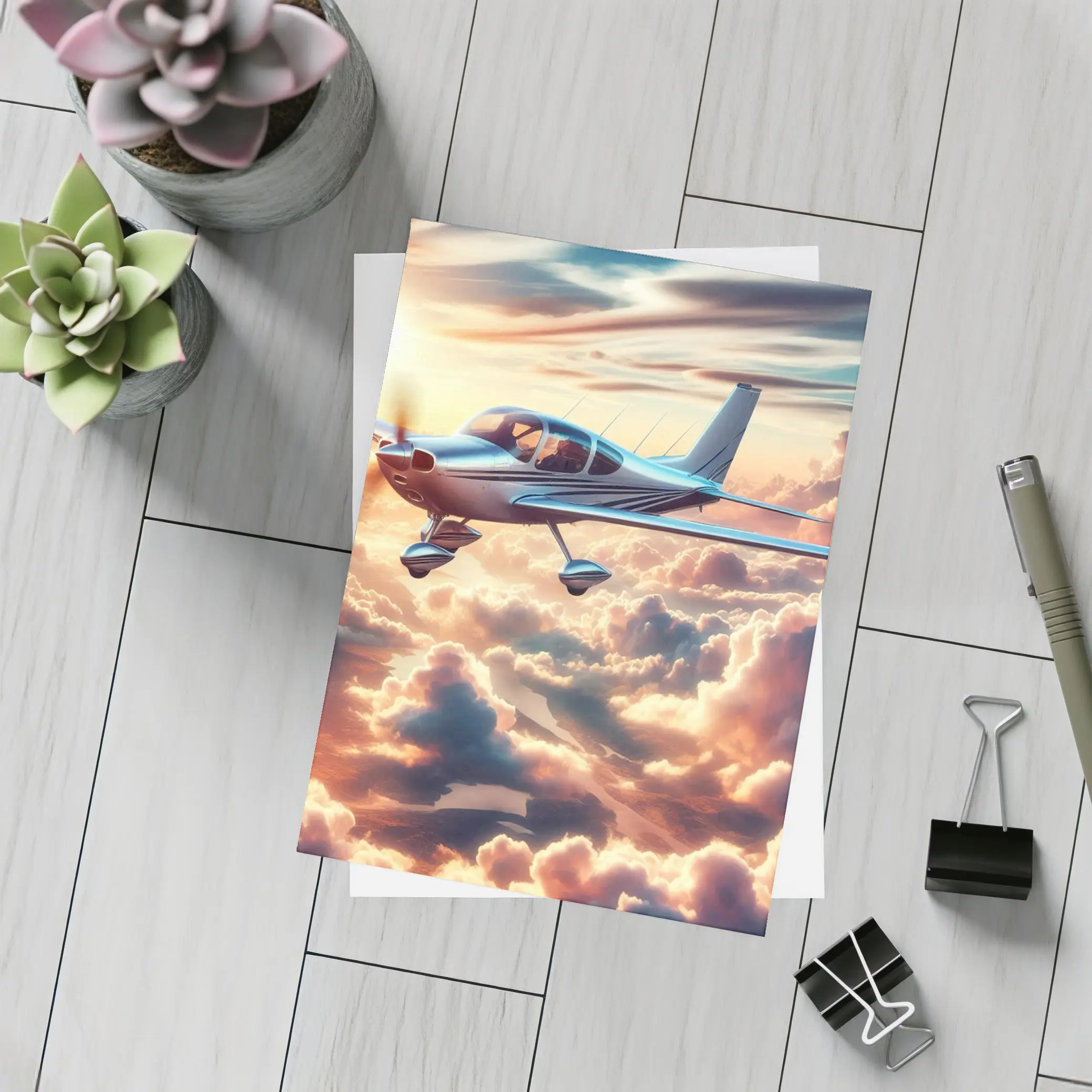 Small Propeller Plane Flying Above Sunset Clouds – Postcards