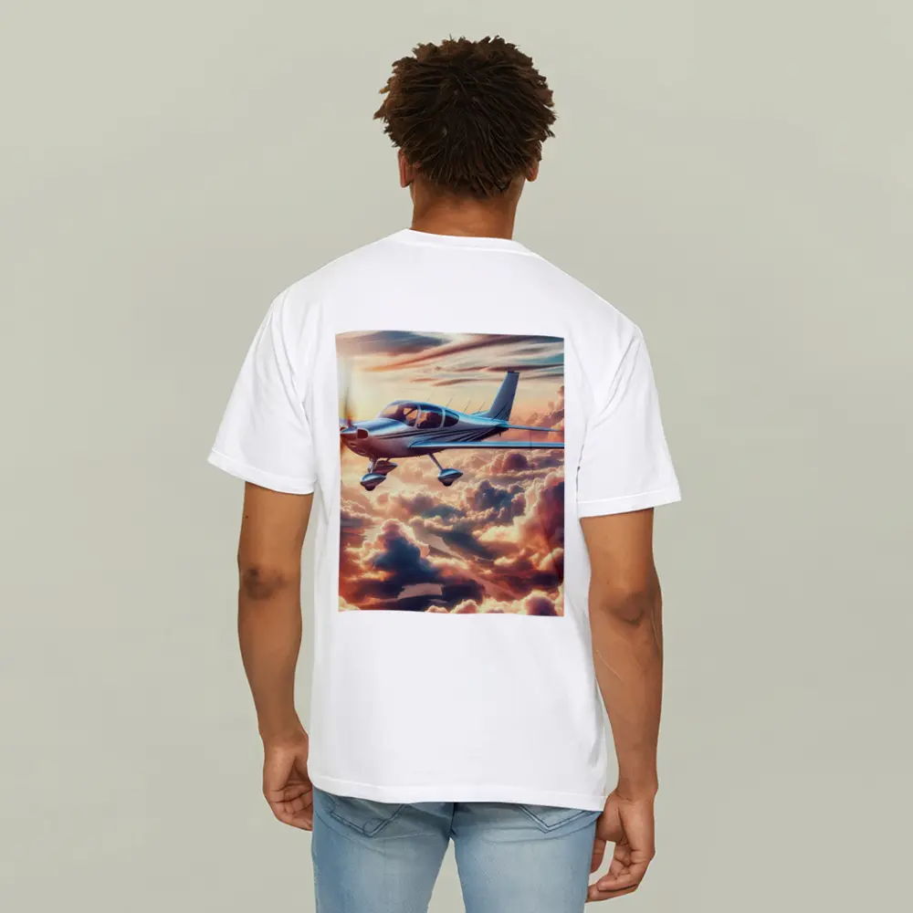 Small Propeller Plane Flying Above Sunset Clouds – T-Shirts
