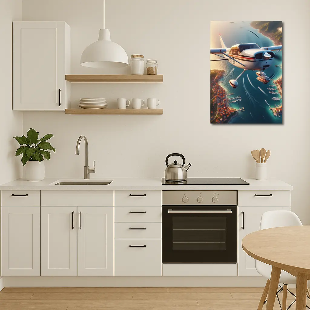 Small Cessna Plane Flying Over Coastal Town – Wall Art