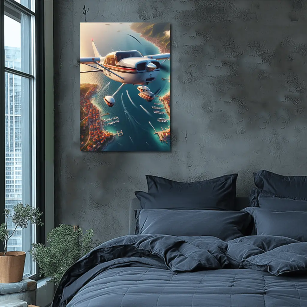 Small Cessna Plane Flying Over Coastal Town – Wall Art