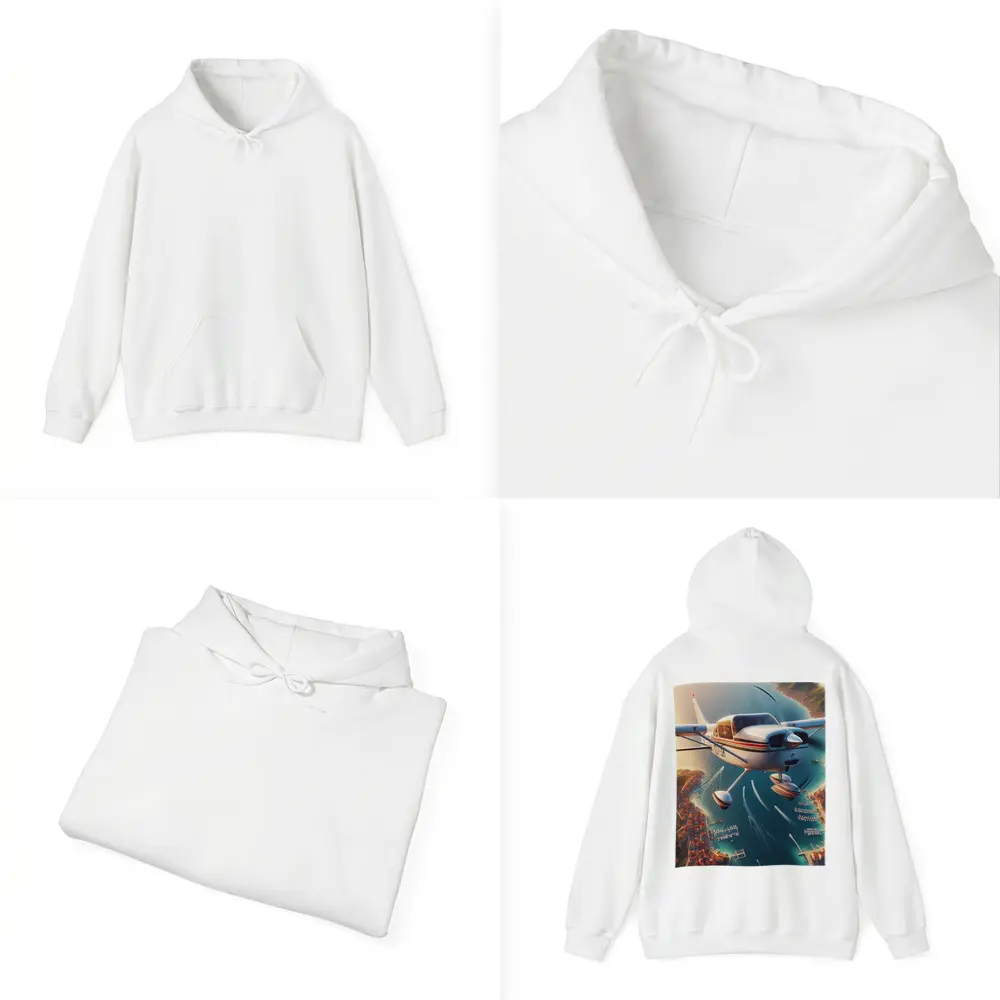 Small Cessna Plane Flying Over Coastal Town – Hoodies