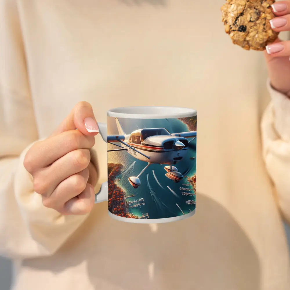 Small Cessna Plane Flying Over Coastal Town – Mugs