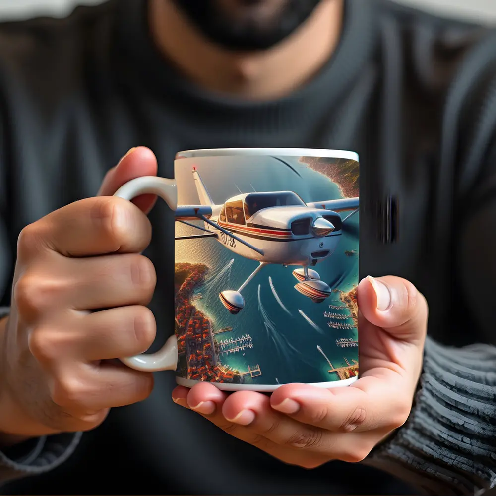 Small Cessna Plane Flying Over Coastal Town – Mugs