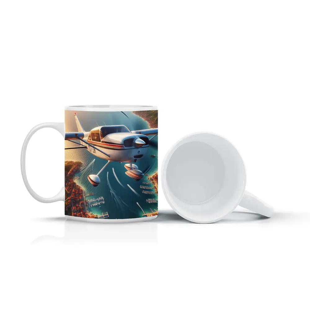 Small Cessna Plane Flying Over Coastal Town – Mugs