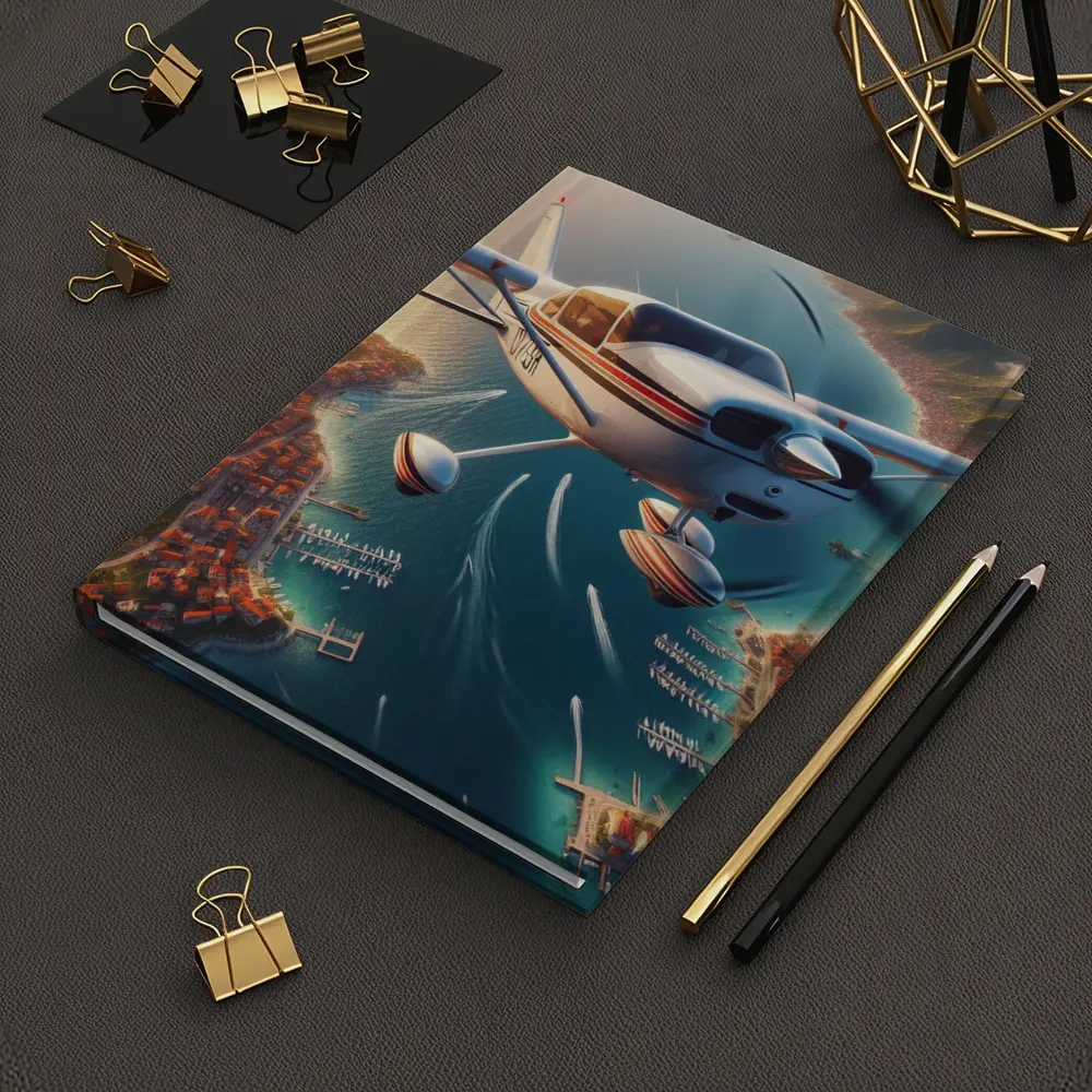 Small Cessna Plane Flying Over Coastal Town – Notebooks