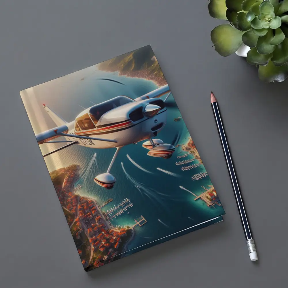 Small Cessna Plane Flying Over Coastal Town – Notebooks