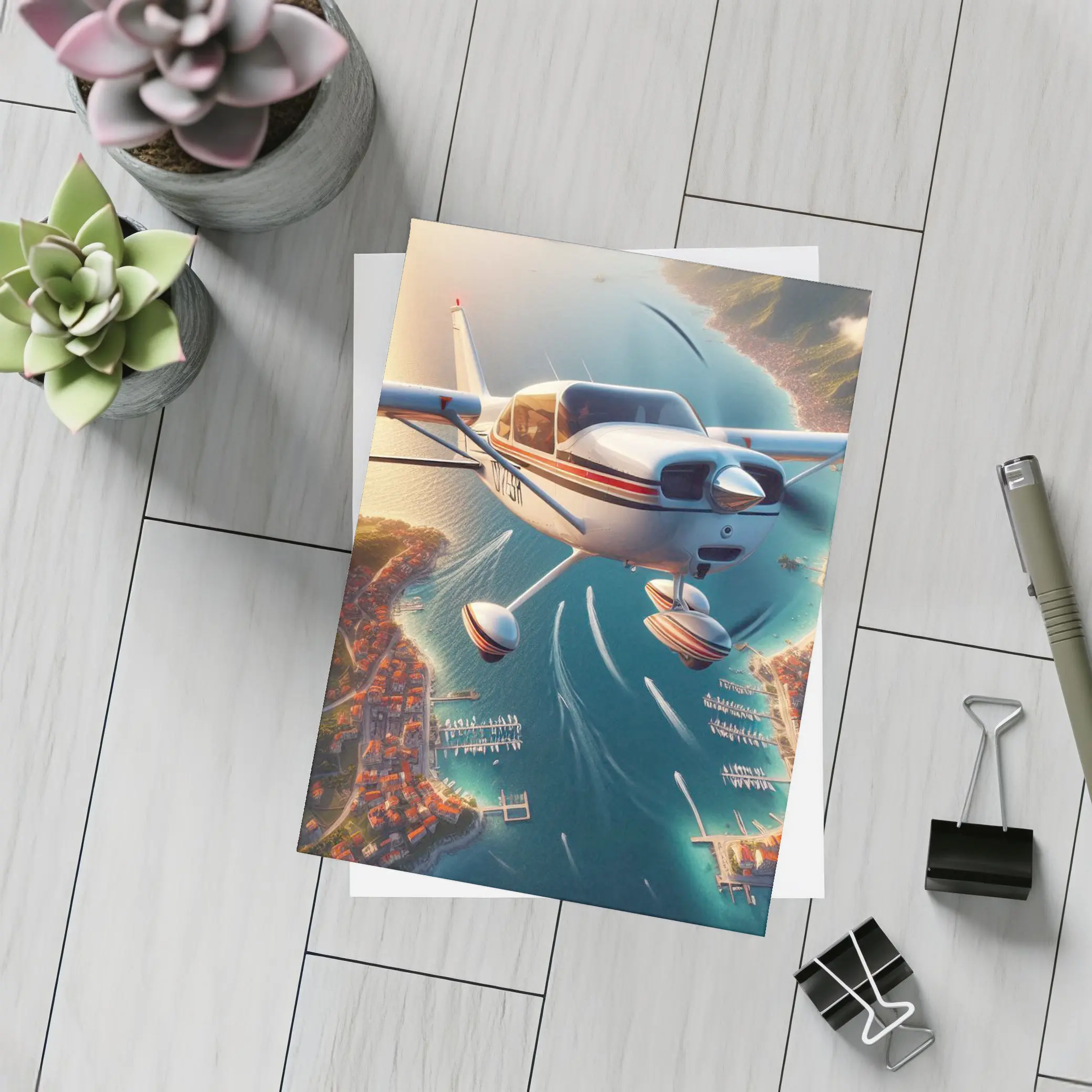 Small Cessna Plane Flying Over Coastal Town – Postcards