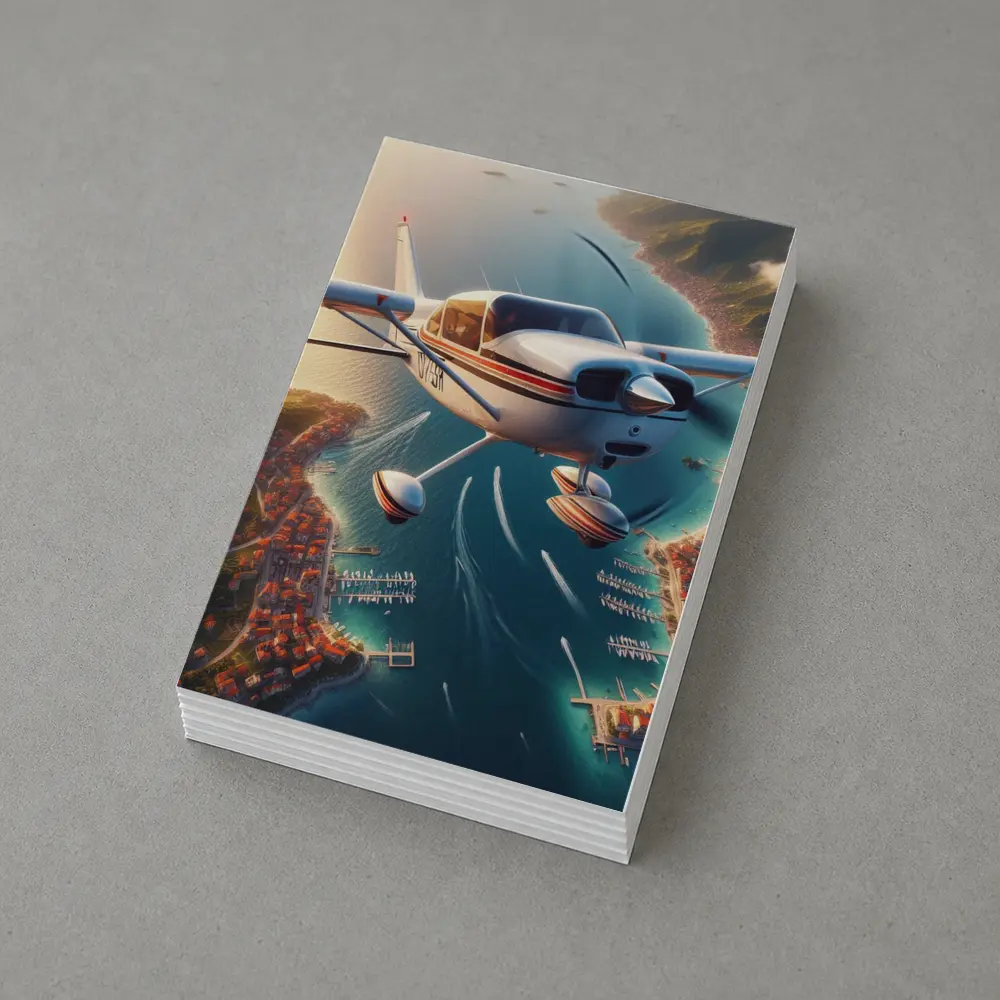 Small Cessna Plane Flying Over Coastal Town – Postcards