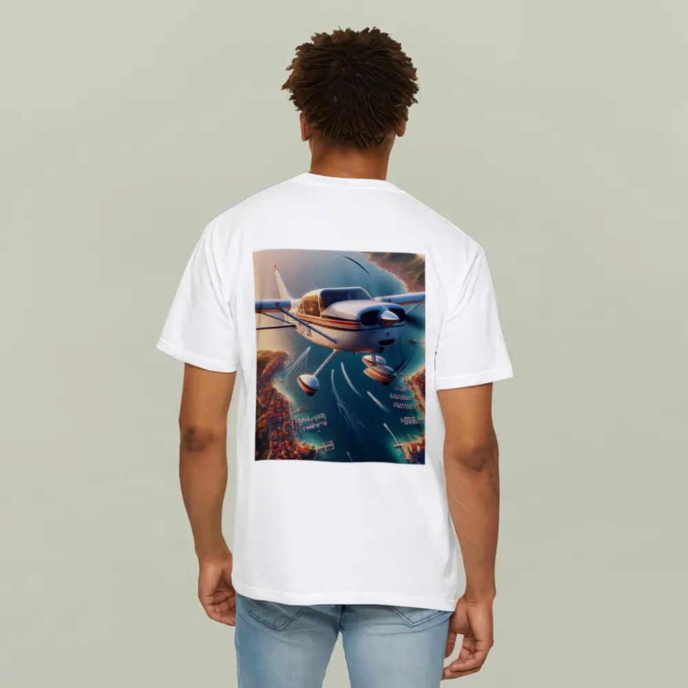 Small Cessna Plane Flying Over Coastal Town – T-Shirts