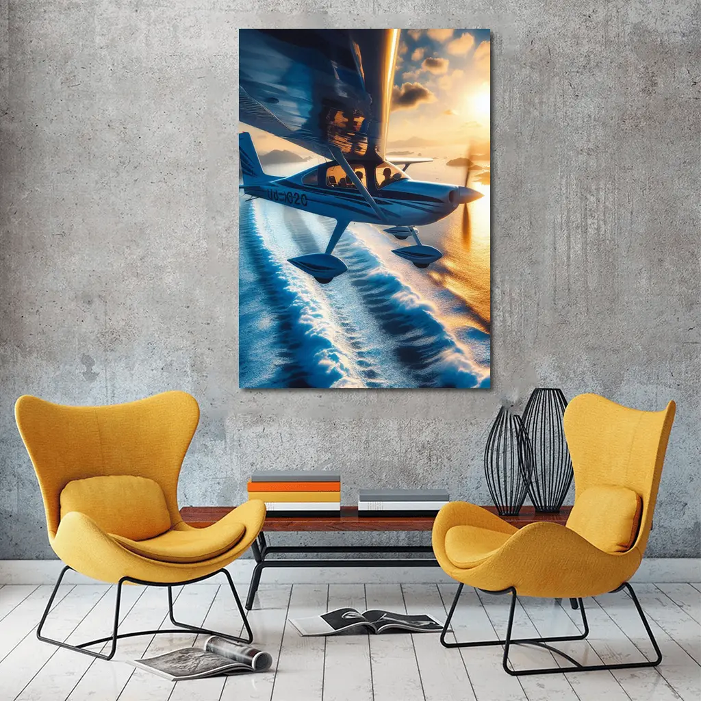 Small Plane Flying Over Ocean Sunset – Wall Art