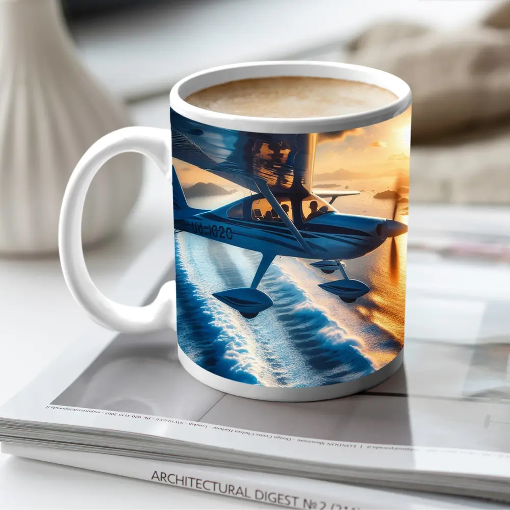 Small Plane Flying Over Ocean Sunset – Mugs