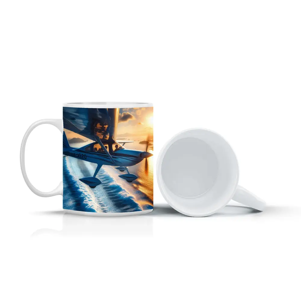 Small Plane Flying Over Ocean Sunset – Mugs