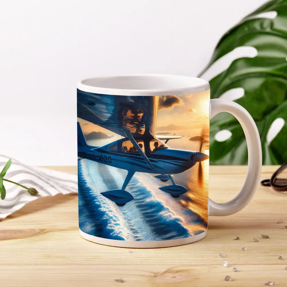 Small Plane Flying Over Ocean Sunset – Mugs