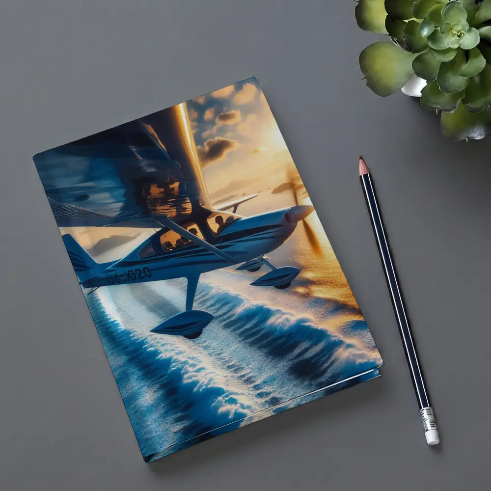 Small Plane Flying Over Ocean Sunset – Notebooks