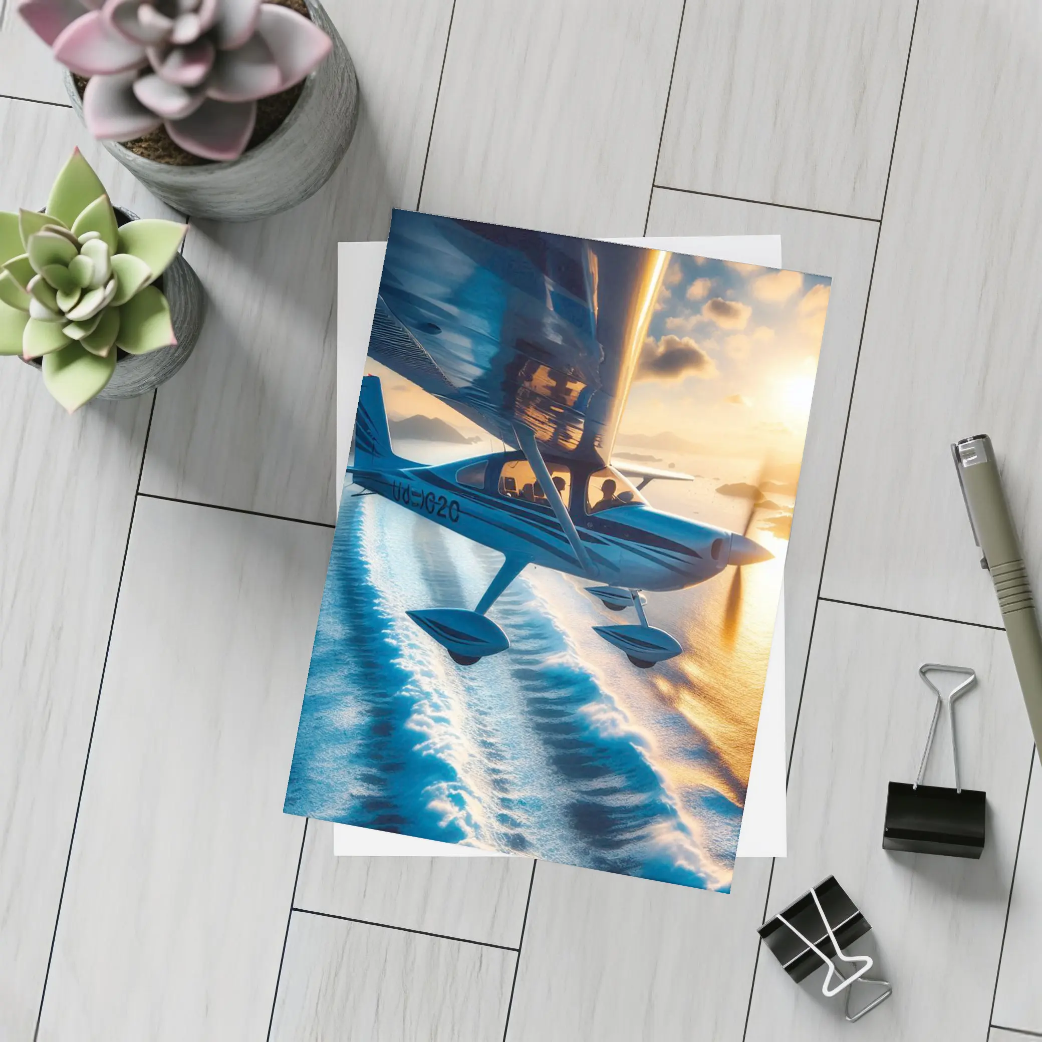 Small Plane Flying Over Ocean Sunset – Postcards