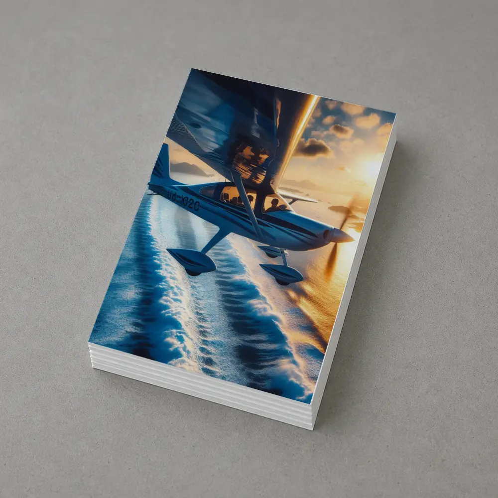 Small Plane Flying Over Ocean Sunset – Postcards