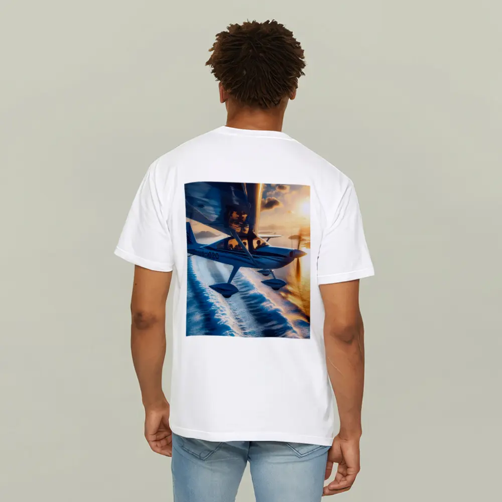 Small Plane Flying Over Ocean Sunset – T-Shirts
