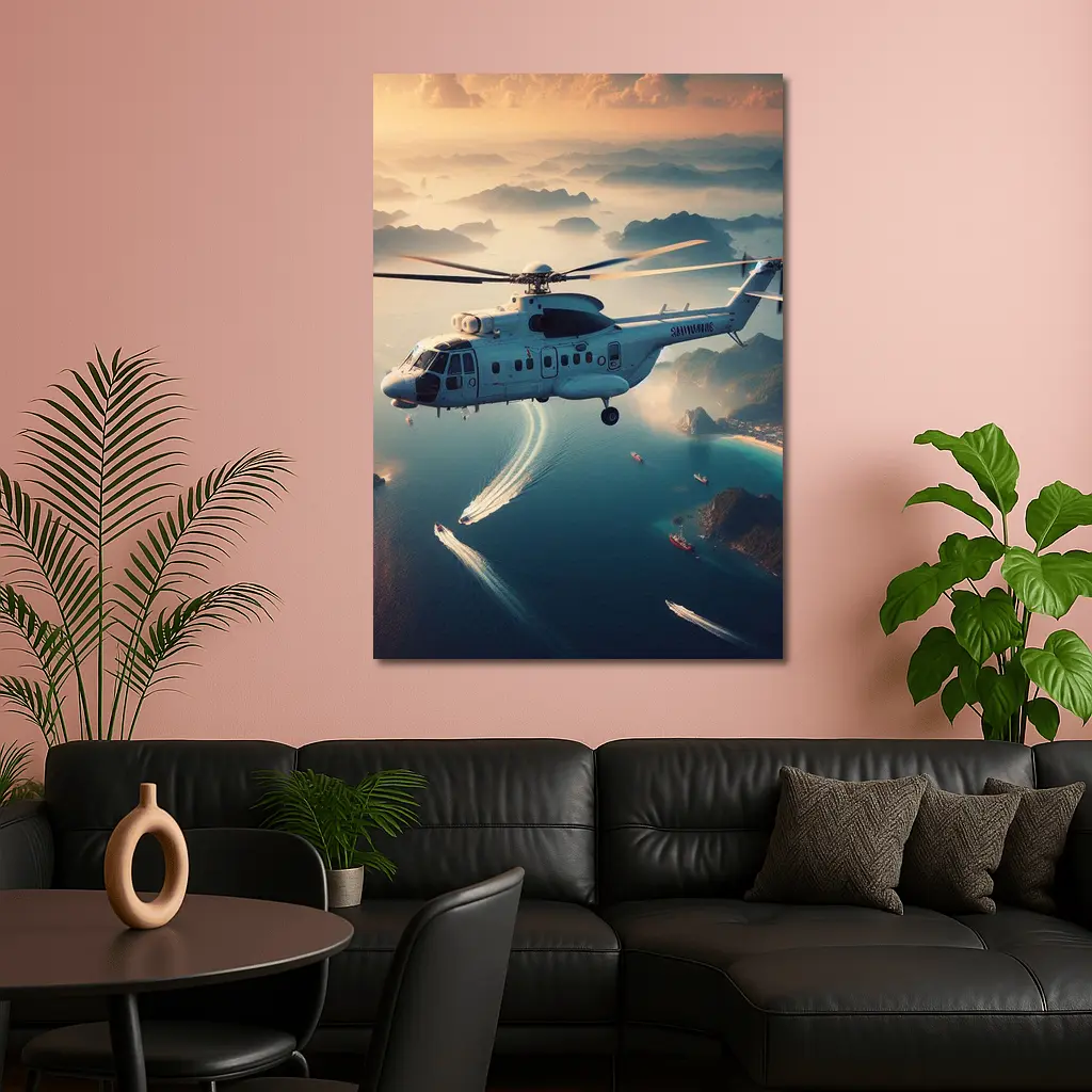 Military Helicopter Flying Over Coastal Islands – Wall Art