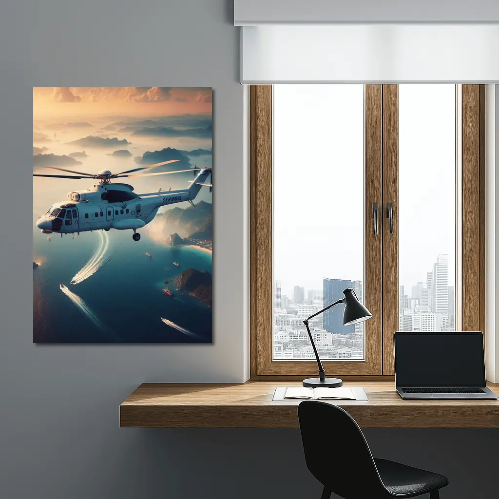 Military Helicopter Flying Over Coastal Islands – Wall Art