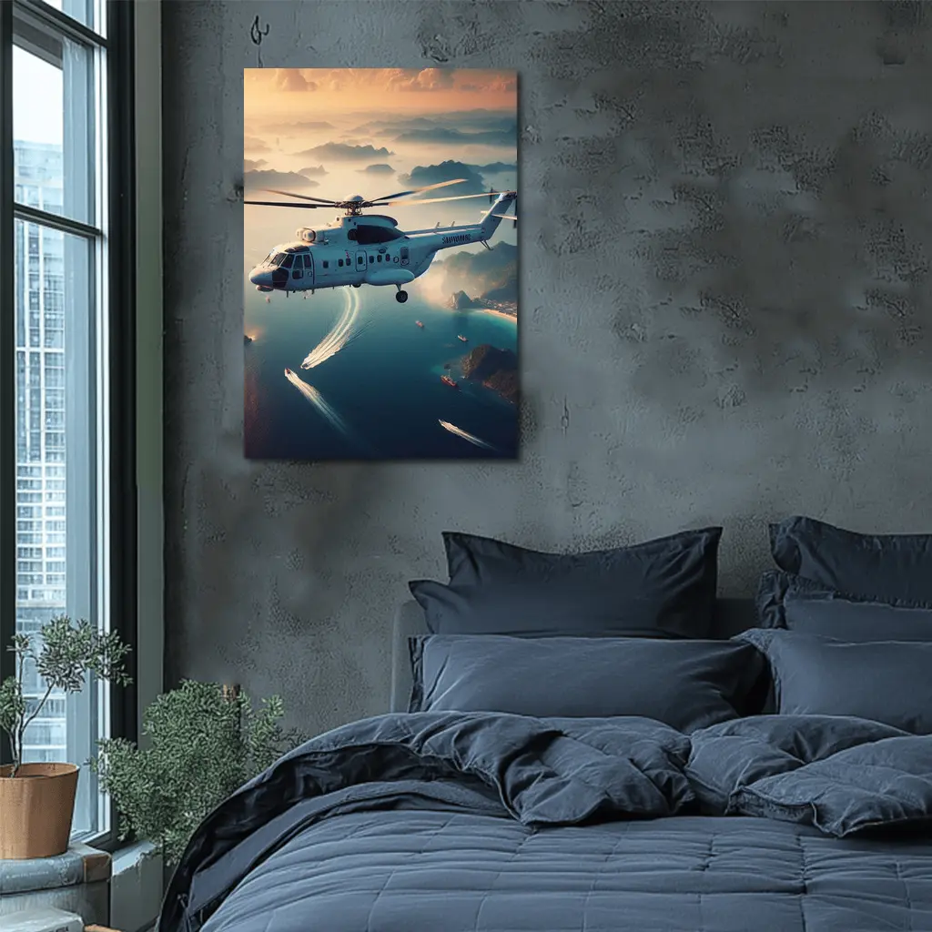Military Helicopter Flying Over Coastal Islands – Wall Art
