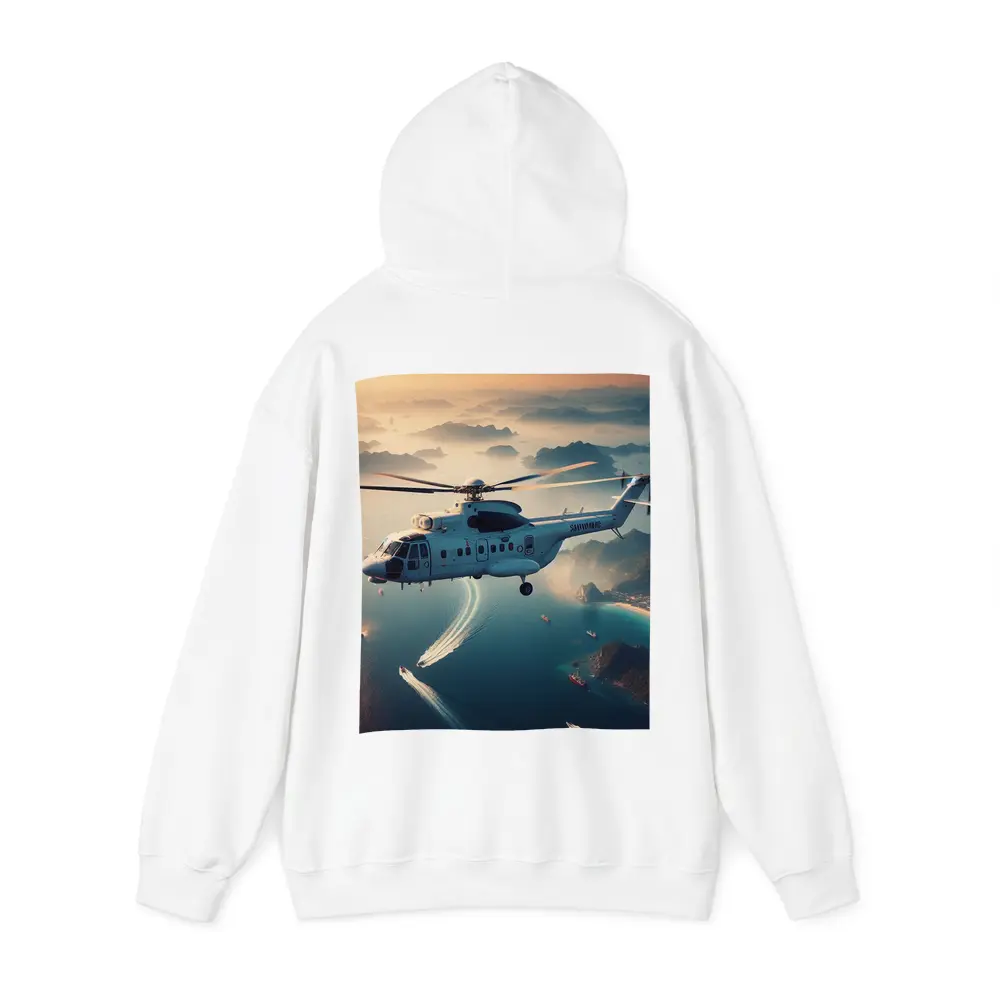 Military Helicopter Flying Over Coastal Islands – Hoodies