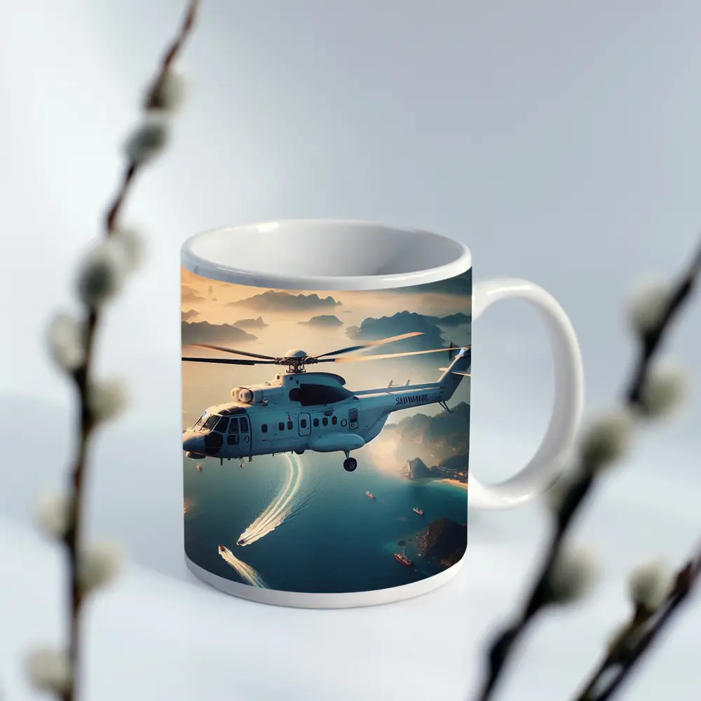 Military Helicopter Flying Over Coastal Islands – Mugs