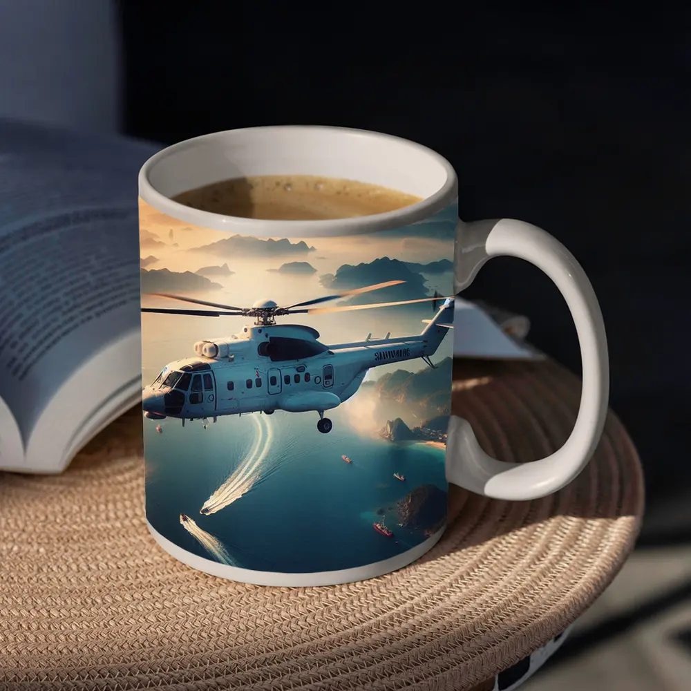 Military Helicopter Flying Over Coastal Islands – Mugs