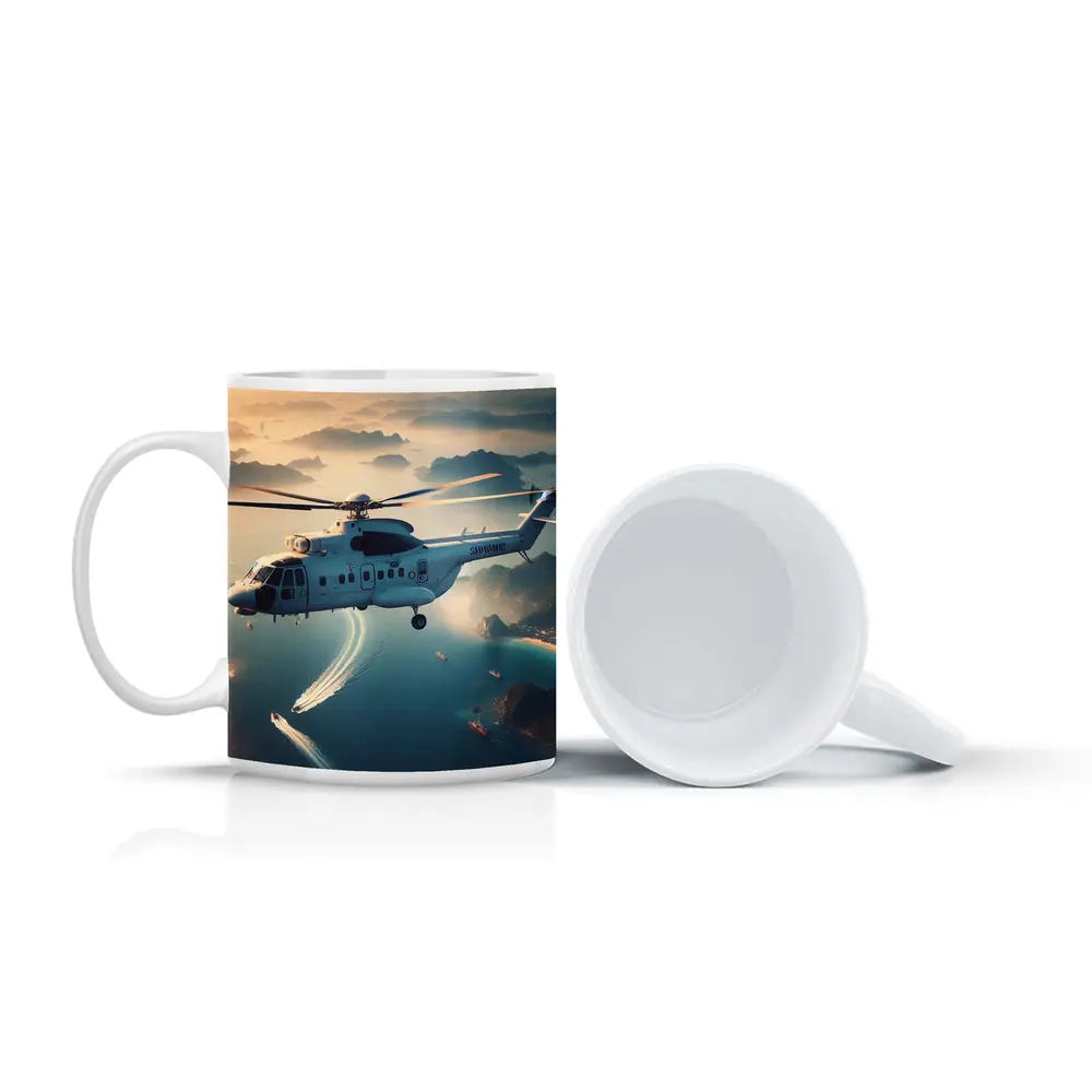 Military Helicopter Flying Over Coastal Islands – Mugs