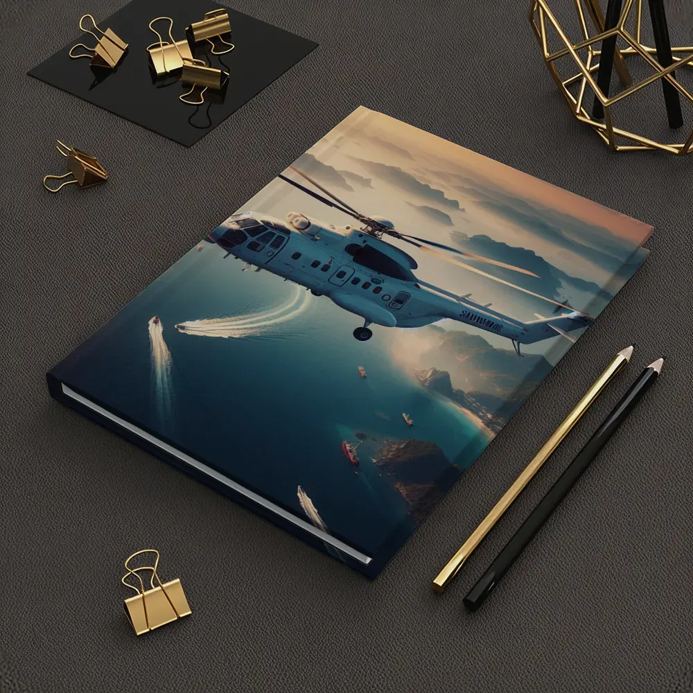 Military Helicopter Flying Over Coastal Islands – Notebooks