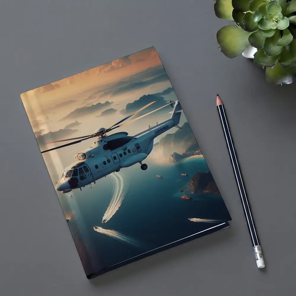Military Helicopter Flying Over Coastal Islands – Notebooks