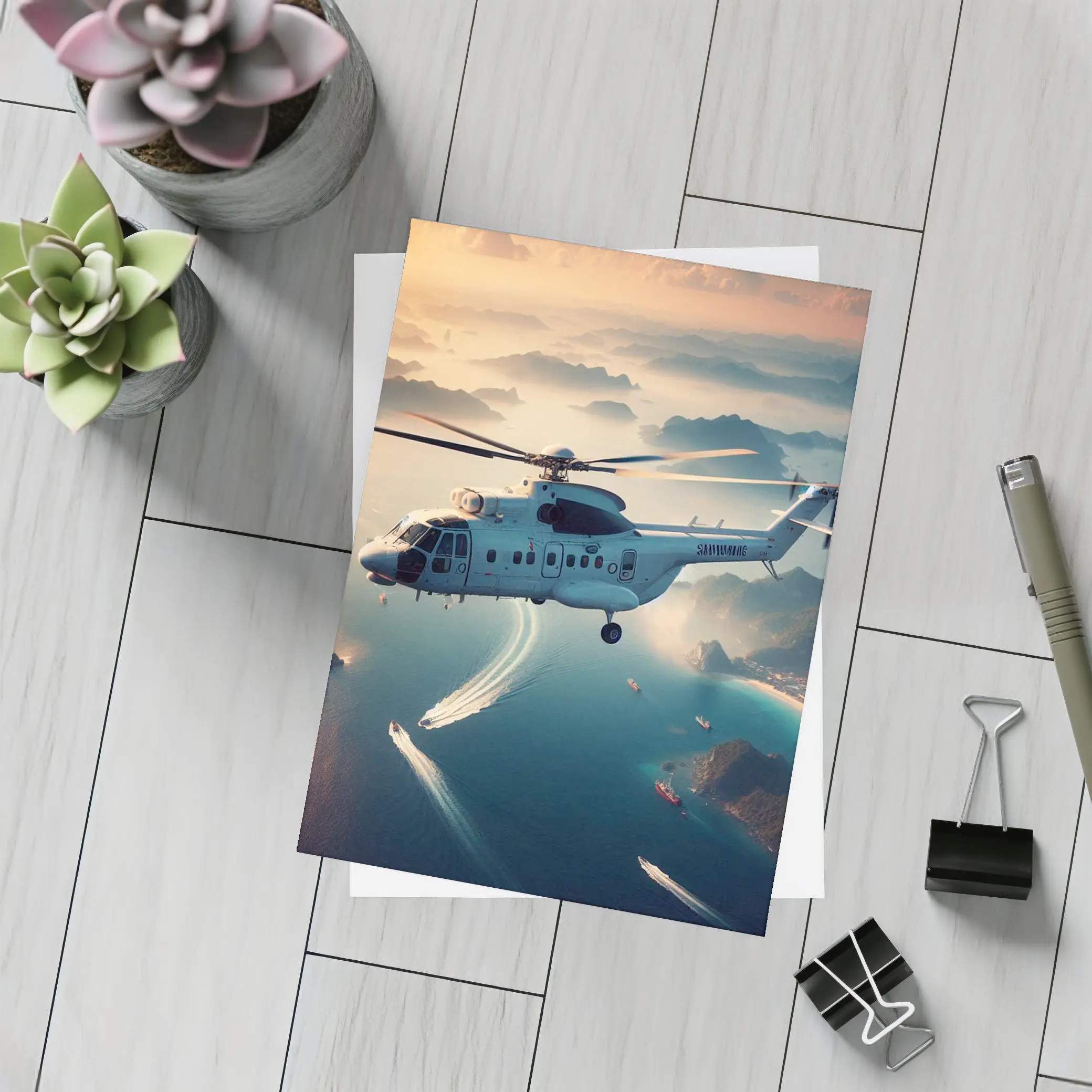 Military Helicopter Flying Over Coastal Islands – Postcards