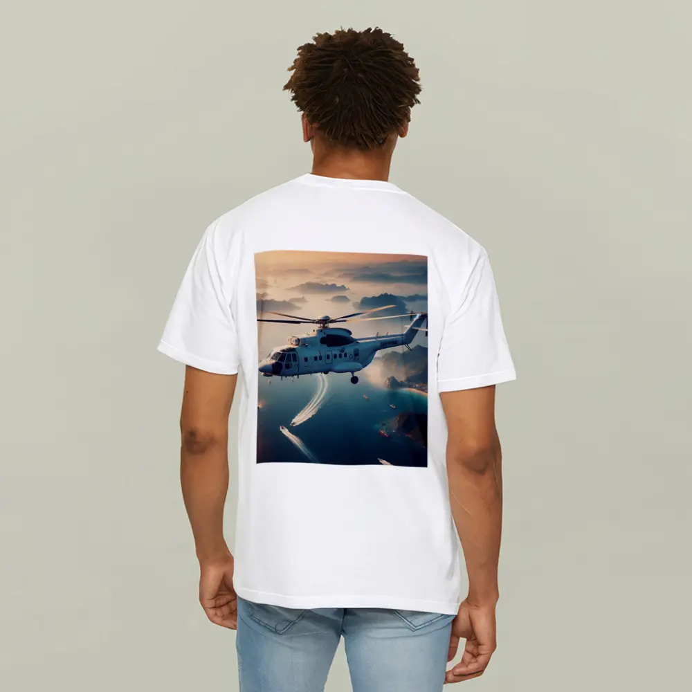 Military Helicopter Flying Over Coastal Islands – T-Shirts