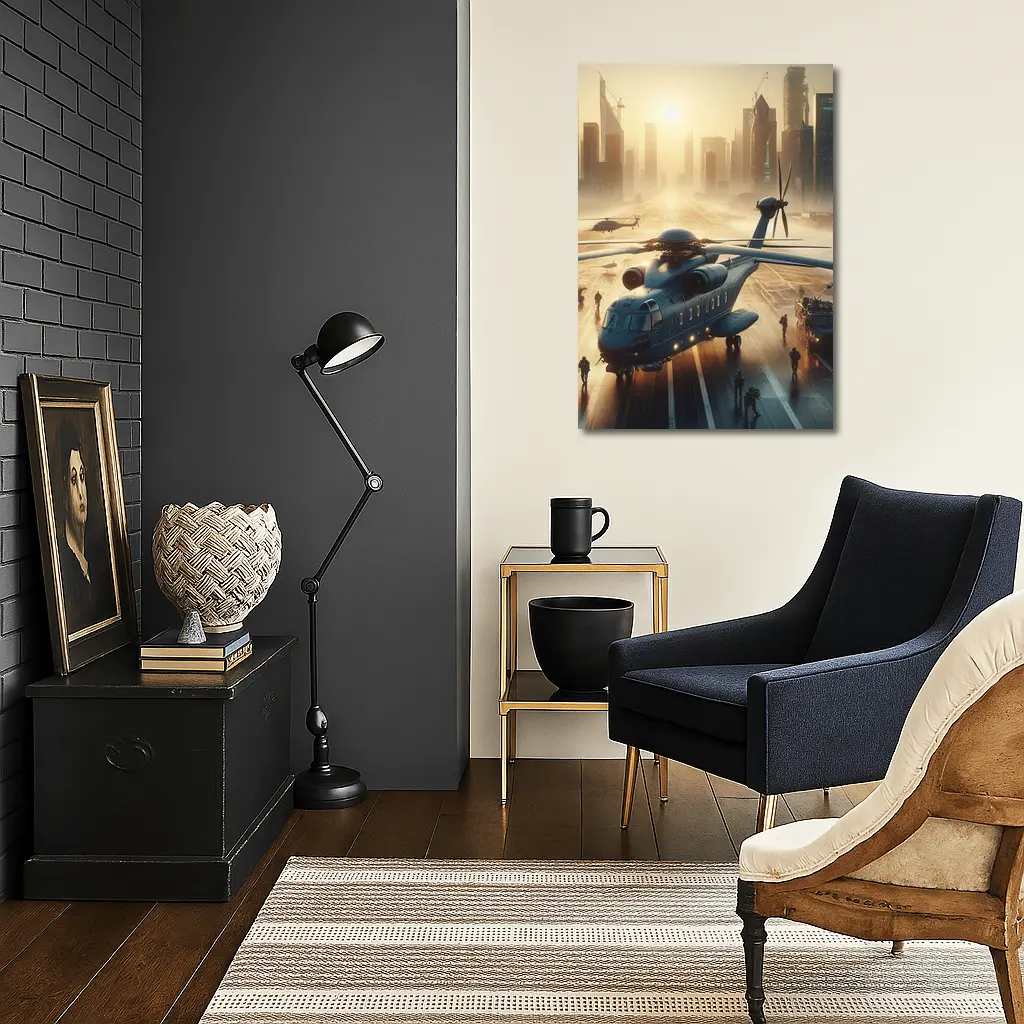 Military Helicopter Futuristic City Sunrise Scene – Wall Art
