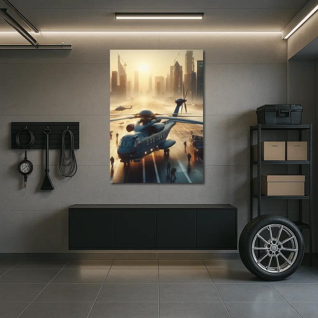 Military Helicopter Futuristic City Sunrise Scene – Wall Art