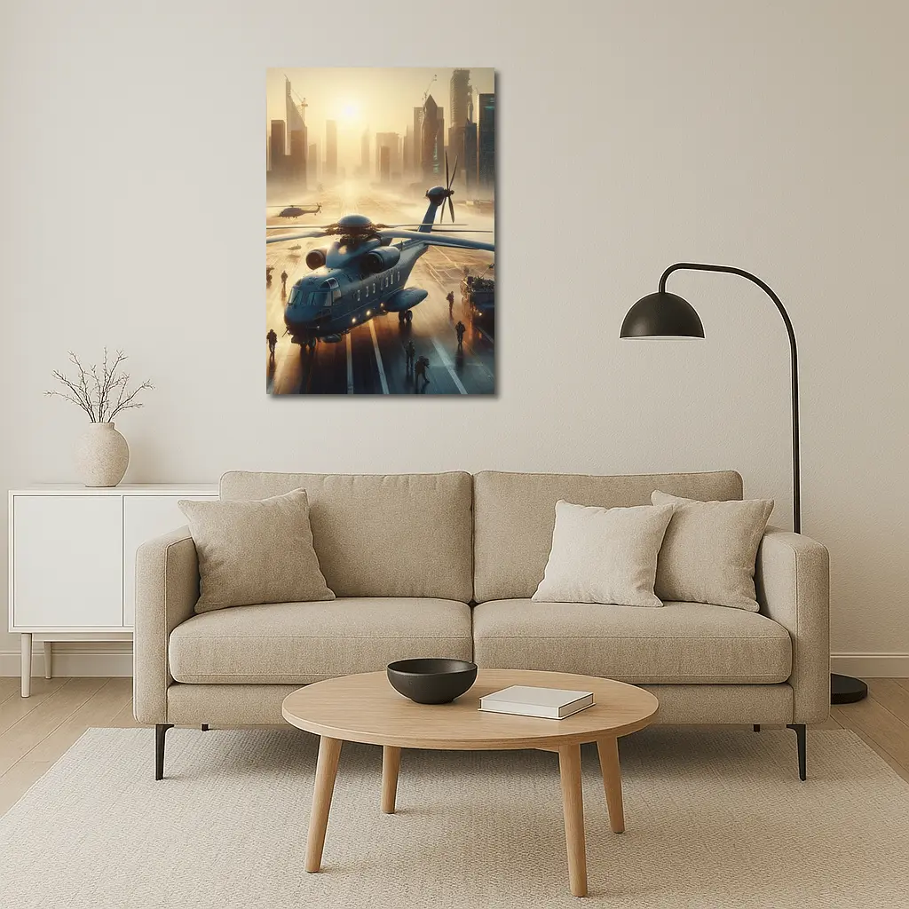 Military Helicopter Futuristic City Sunrise Scene – Wall Art