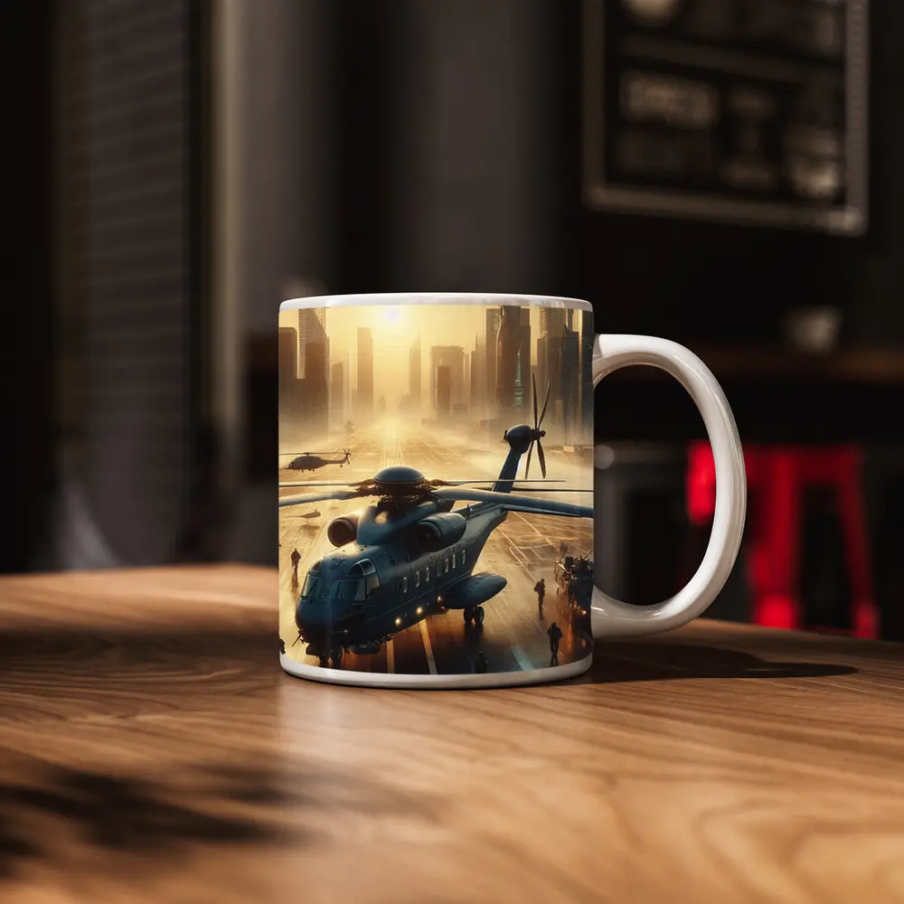 Military Helicopter Futuristic City Sunrise Scene – Mugs