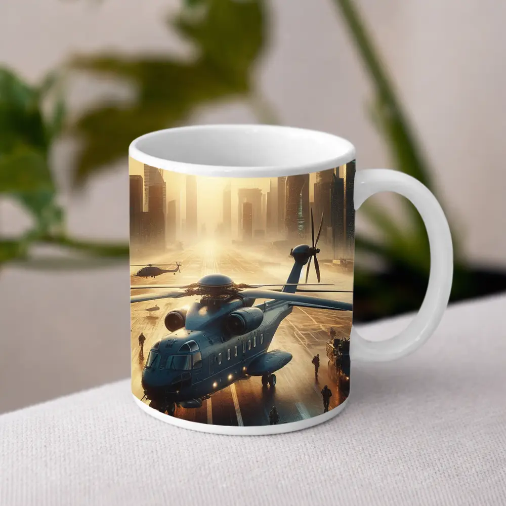 Military Helicopter Futuristic City Sunrise Scene – Mugs
