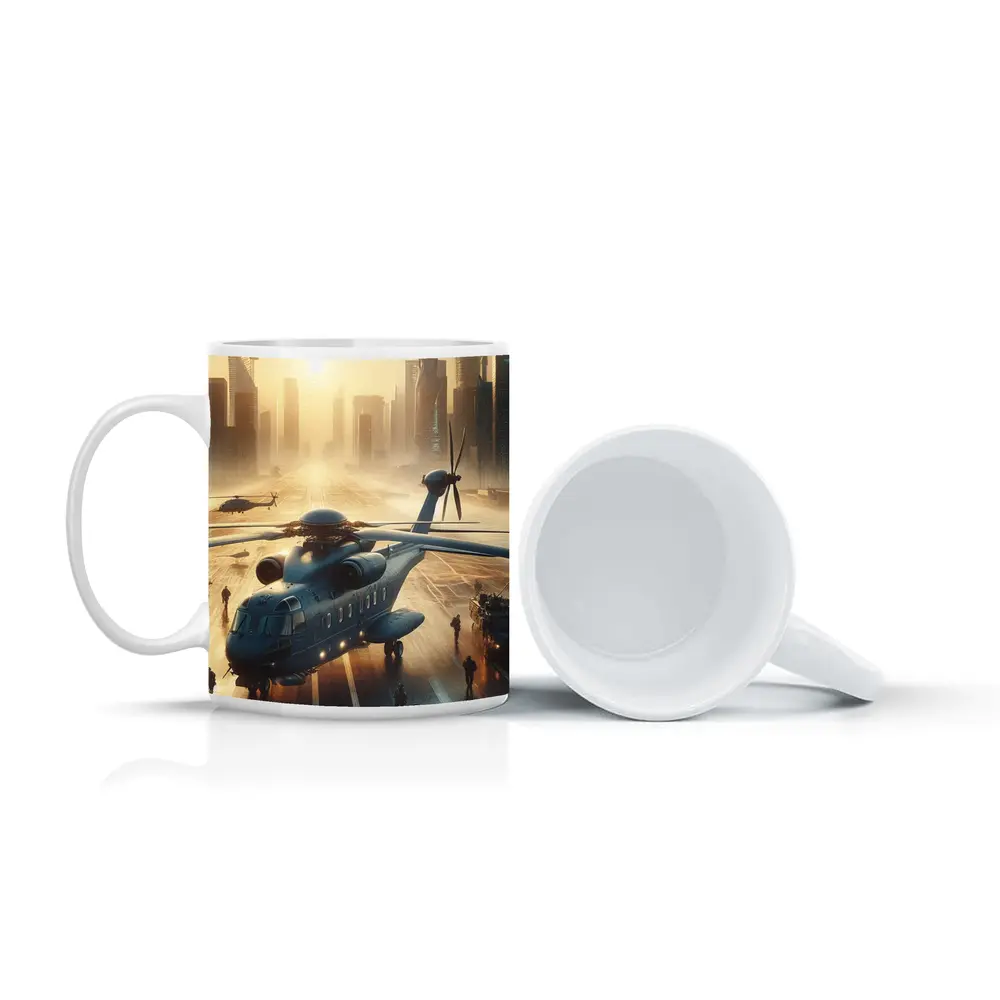 Military Helicopter Futuristic City Sunrise Scene – Mugs