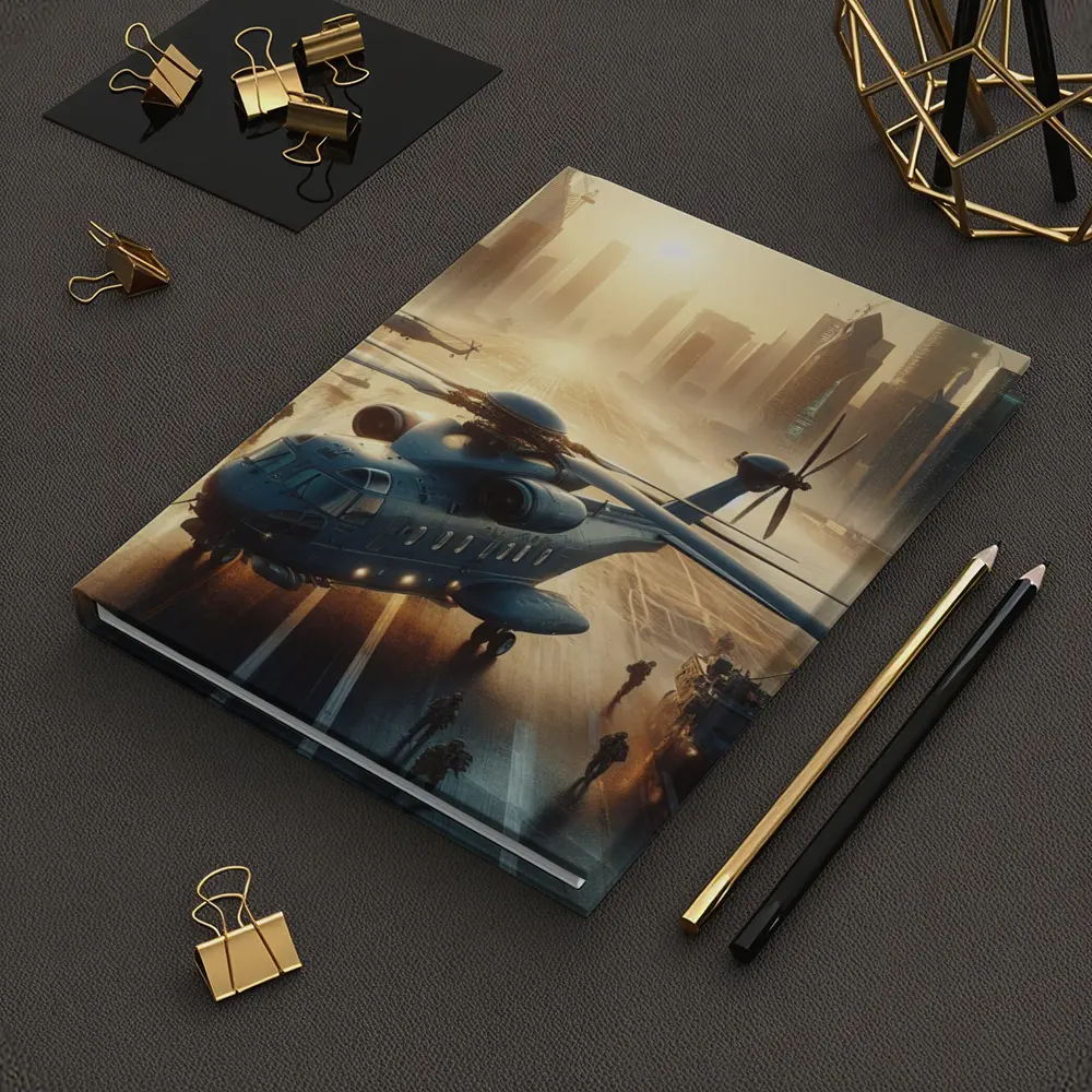 Military Helicopter Futuristic City Sunrise Scene – Notebooks