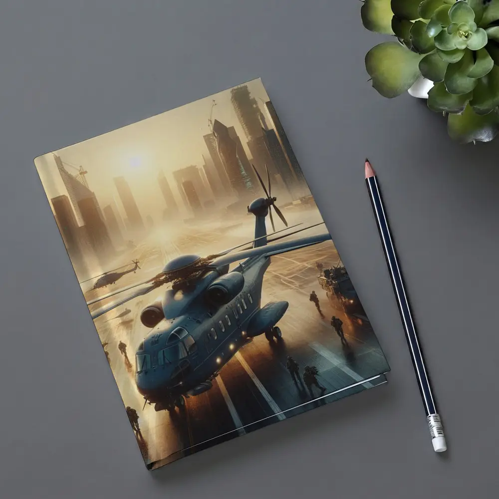 Military Helicopter Futuristic City Sunrise Scene – Notebooks