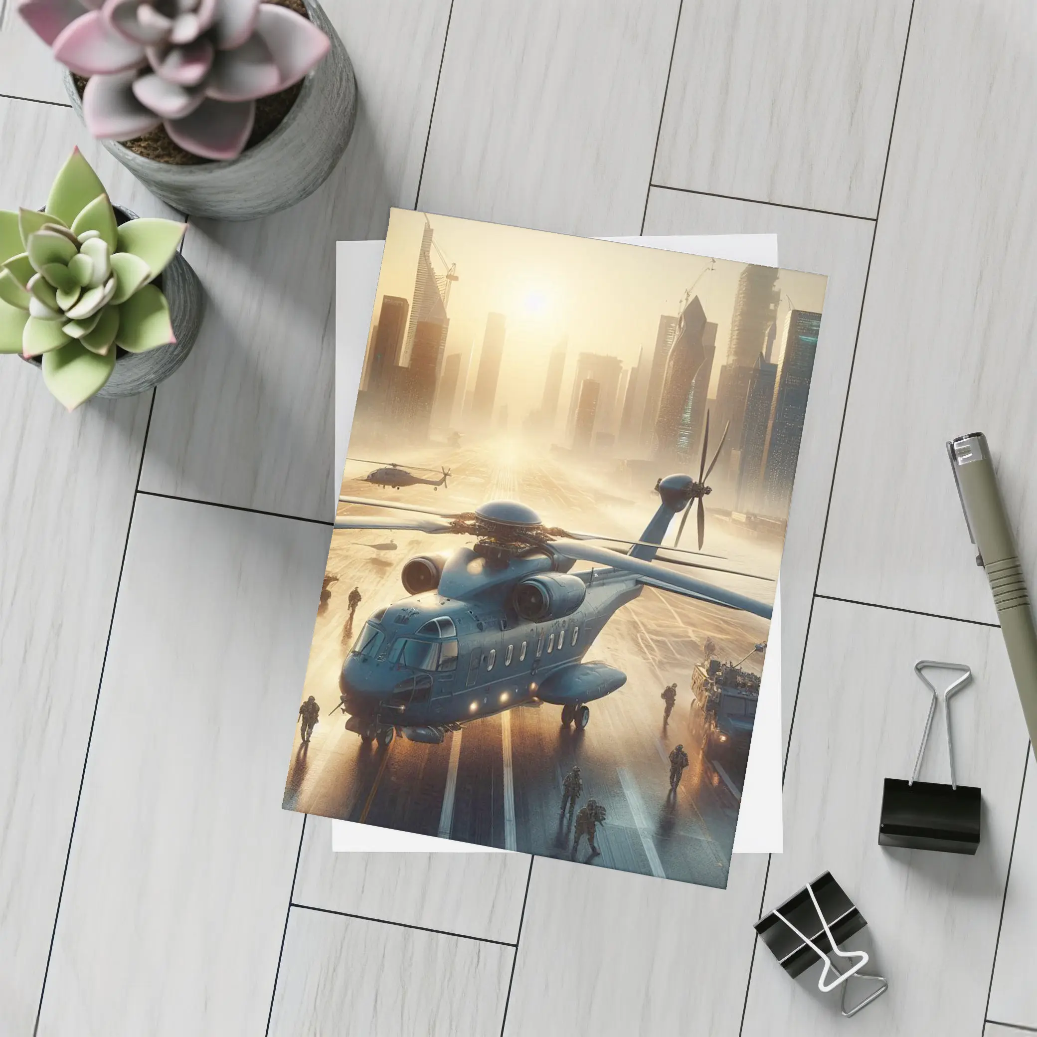 Military Helicopter Futuristic City Sunrise Scene – Postcards