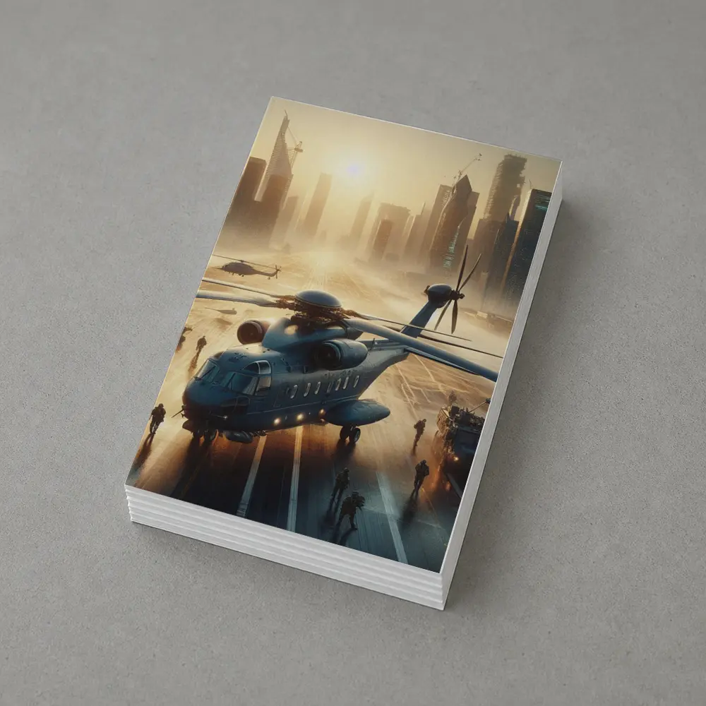 Military Helicopter Futuristic City Sunrise Scene – Postcards