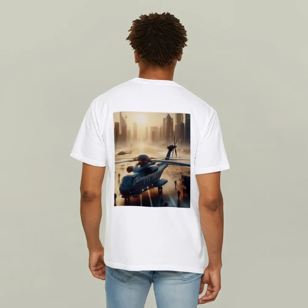 Military Helicopter Futuristic City Sunrise Scene – T-Shirts