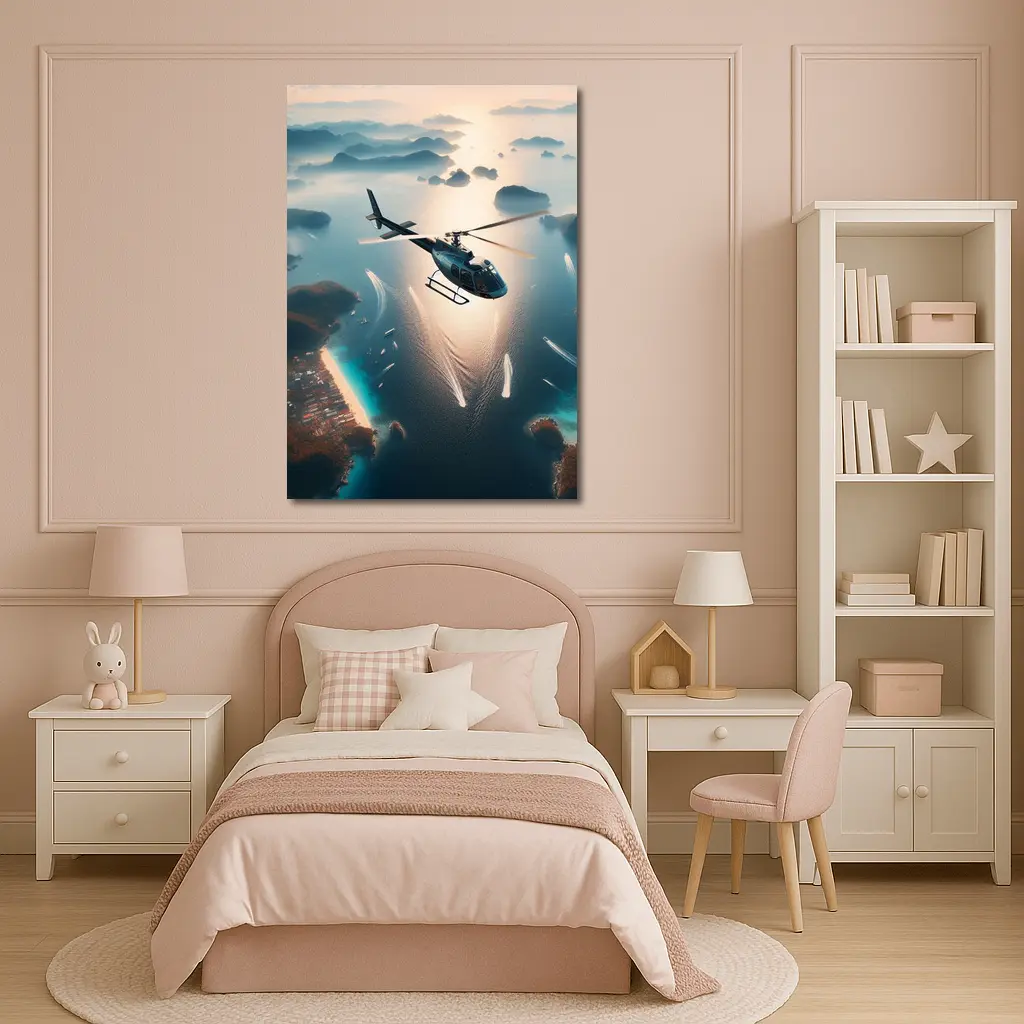 Helicopter Flying Over Tropical Island Archipelago – Wall Art
