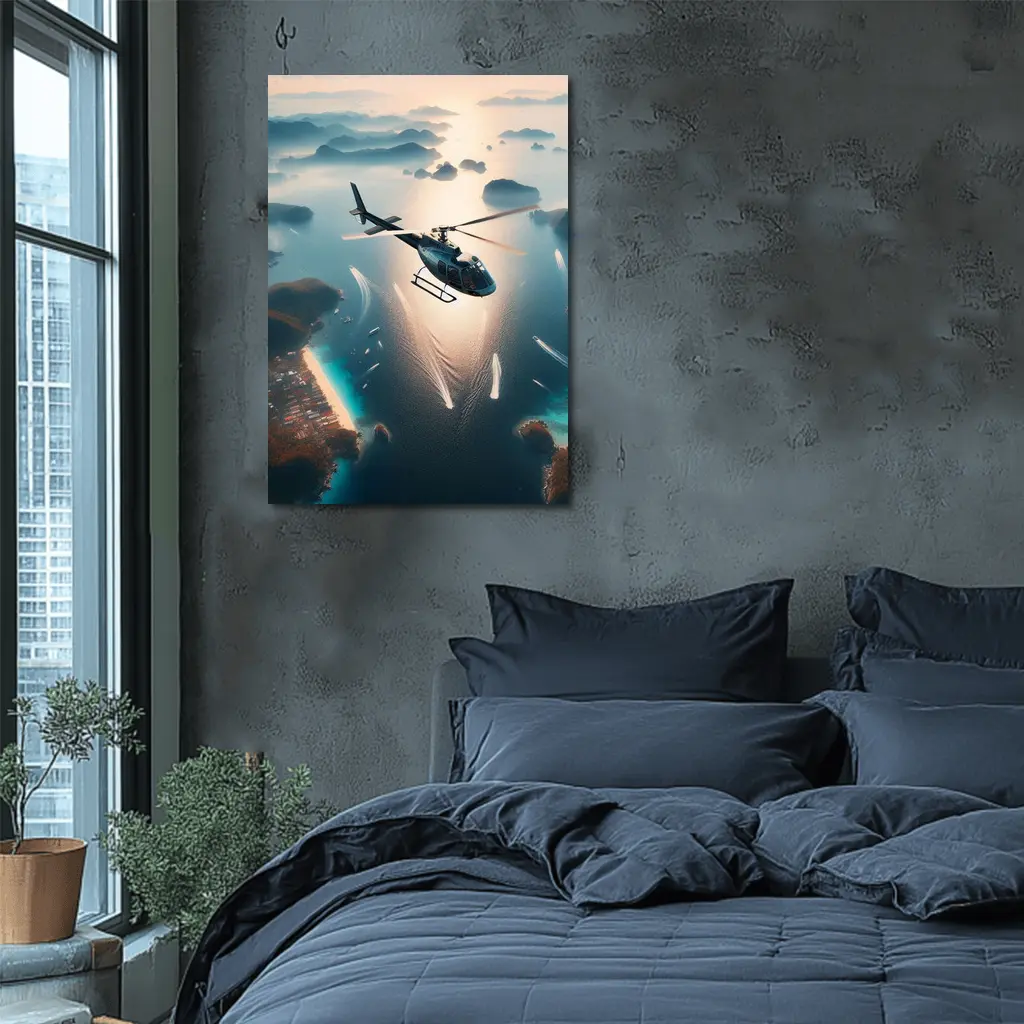 Helicopter Flying Over Tropical Island Archipelago – Wall Art