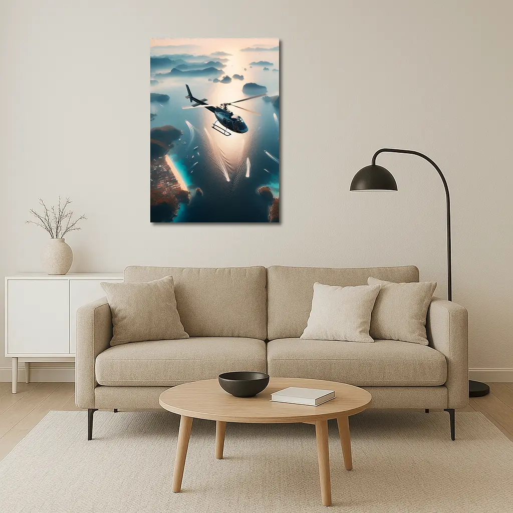 Helicopter Flying Over Tropical Island Archipelago – Wall Art